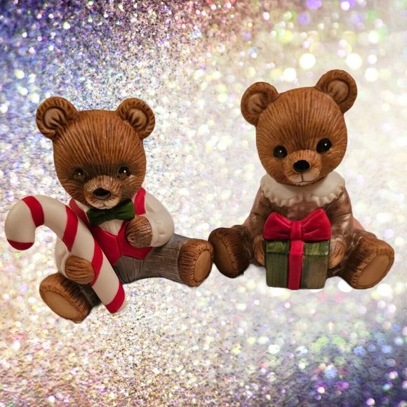 Pair Christmas Teddy Bear Figurines Homco Candy Cane Gift Boy Girl - Picture 1 of 8